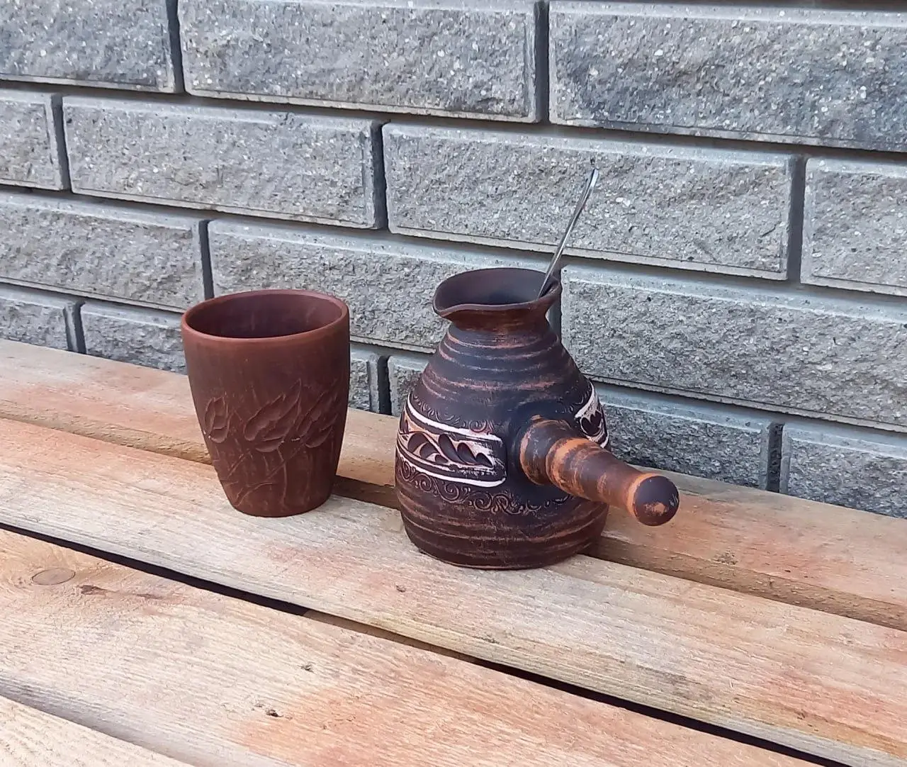 Подарунковий набір для кави - Керамічна гончарна турка, Чашка та Ложечка з довгою ручкою