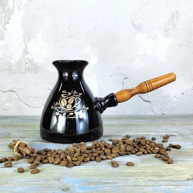 Турка Premium Black 500 мл керамічна Джезва для кави з дерев'яною ручкою